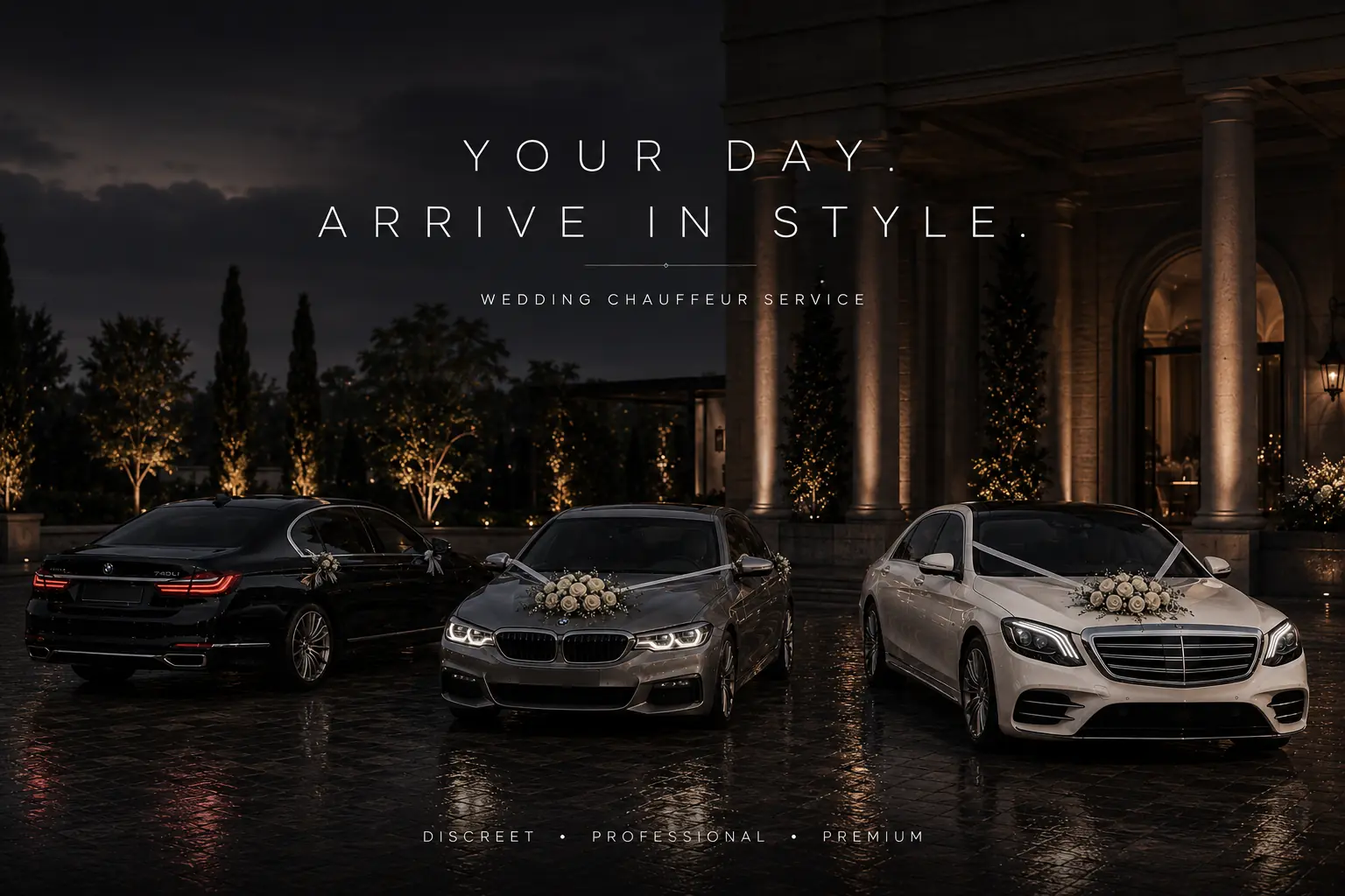 Wedding chauffeur fleet, ribboned and ready